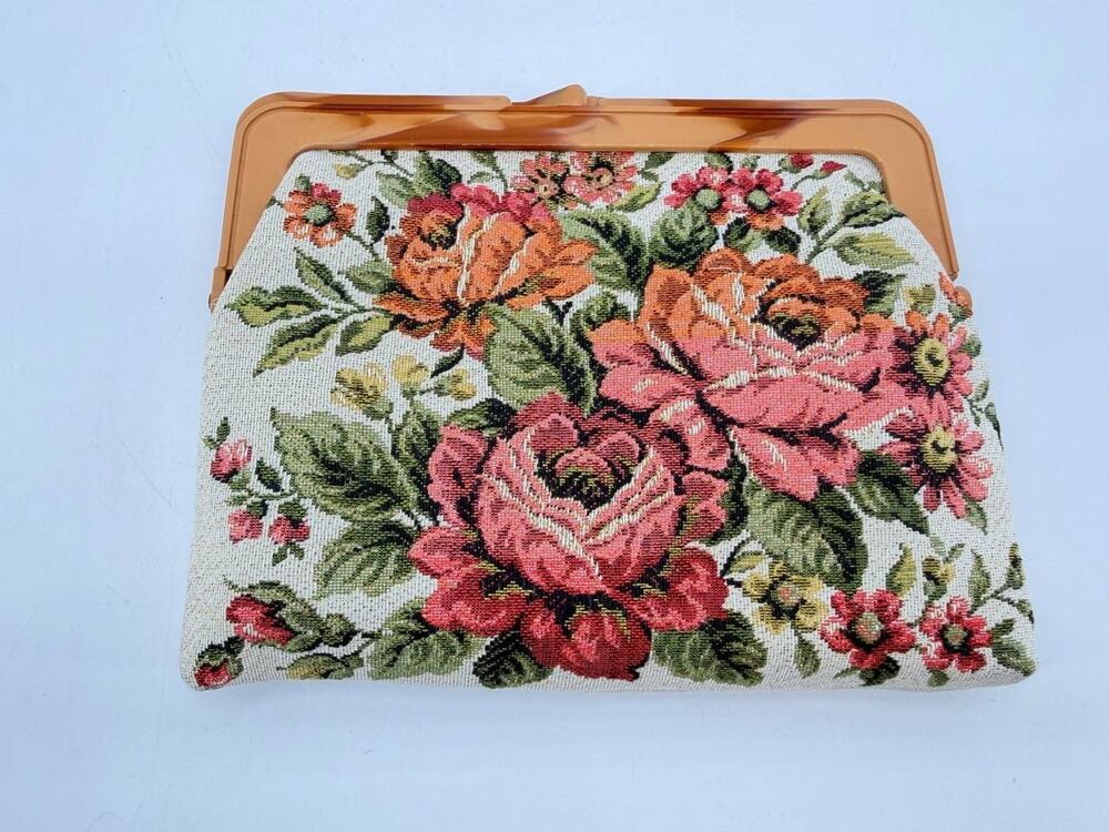Vintage Floral Tapestry Handbag Amber Plastic Frame Hong Kong New Old Stock